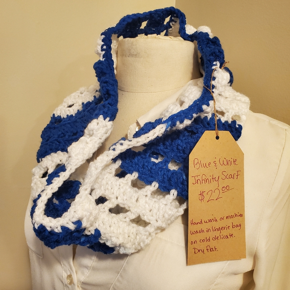 Blue & white handcrocheted infinity scarf/cowl